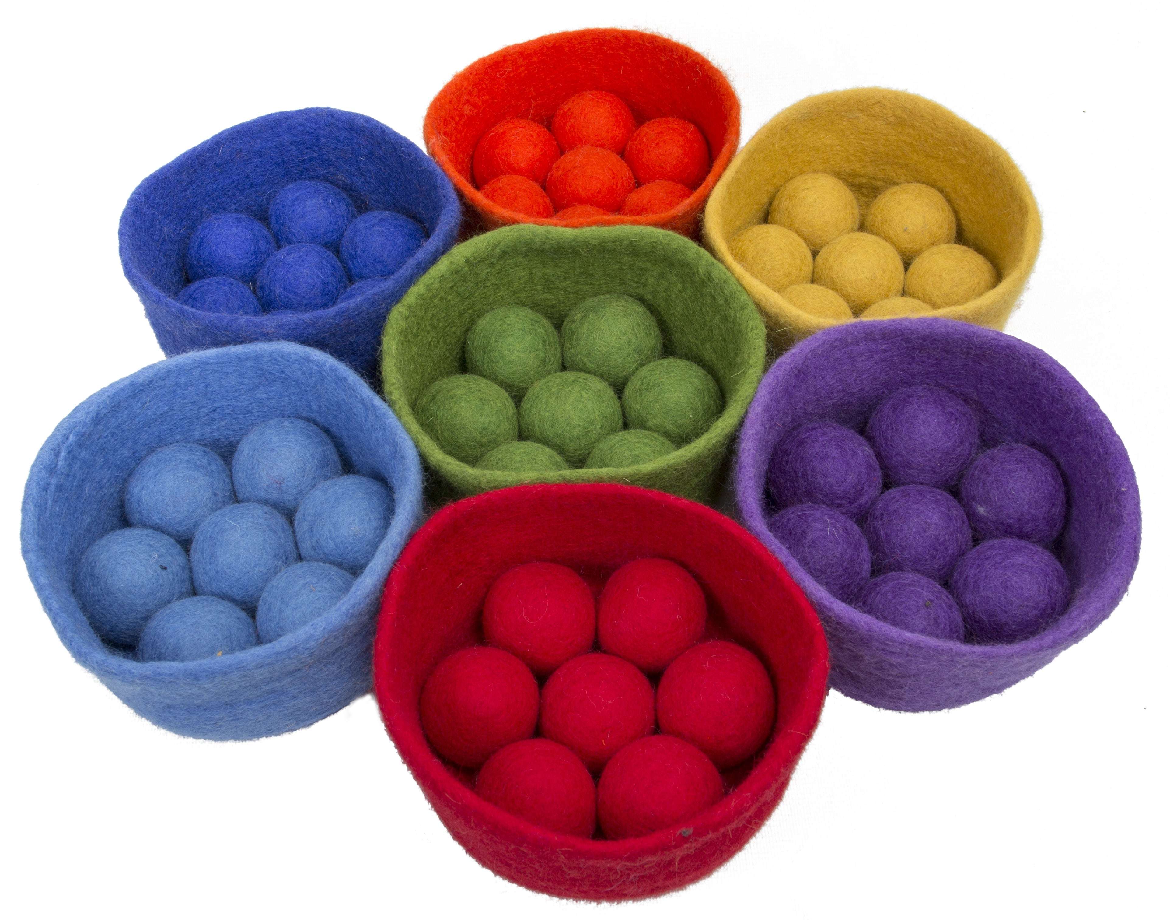 Colorful wool balls and sorting bowls from the Wool Balls Color Sorting Set for early learning and color recognition