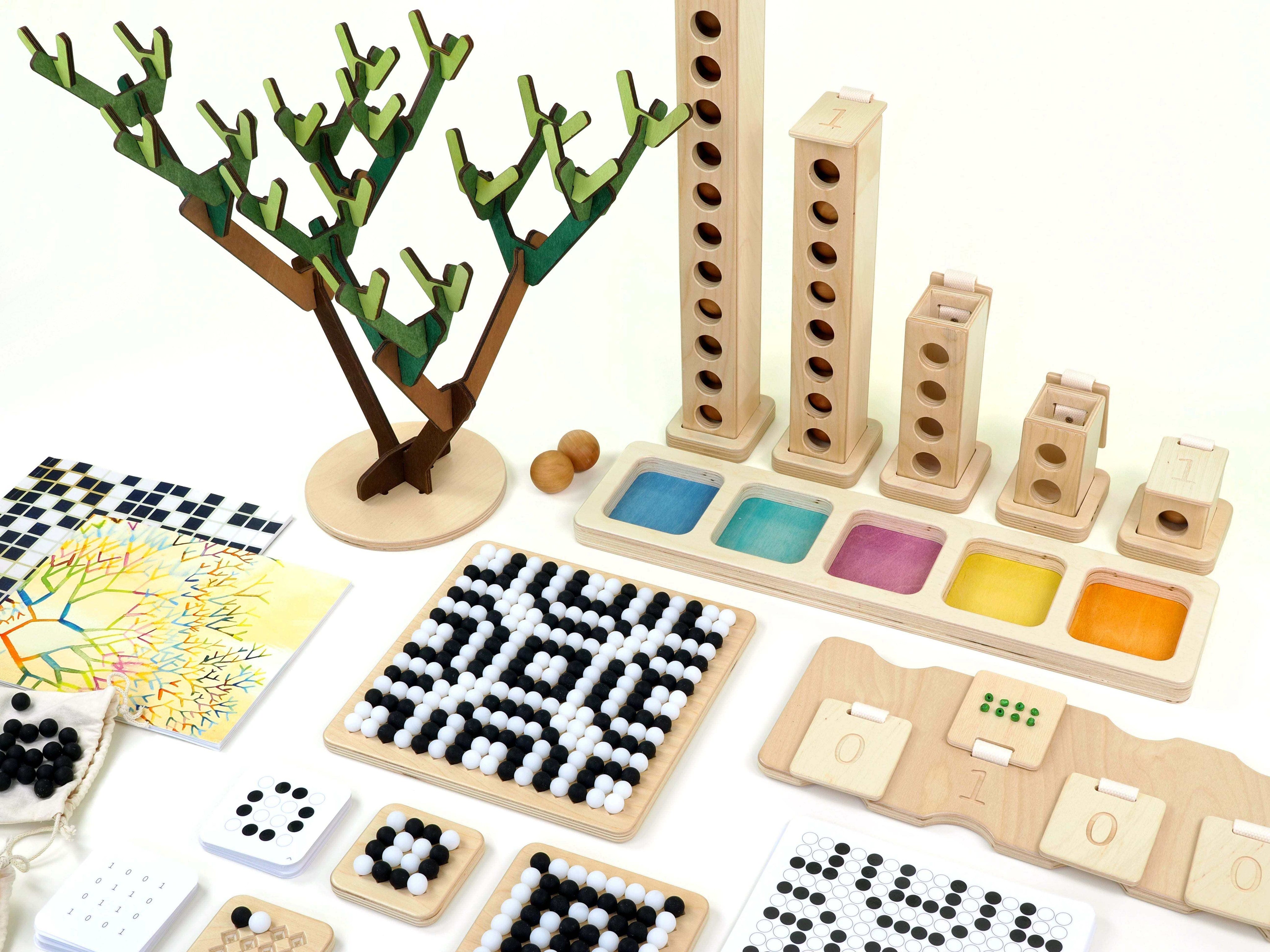 Learning Beautiful Classroom Set with natural wood computer science materials for children ages 3-9, Montessori-aligned and screen-free