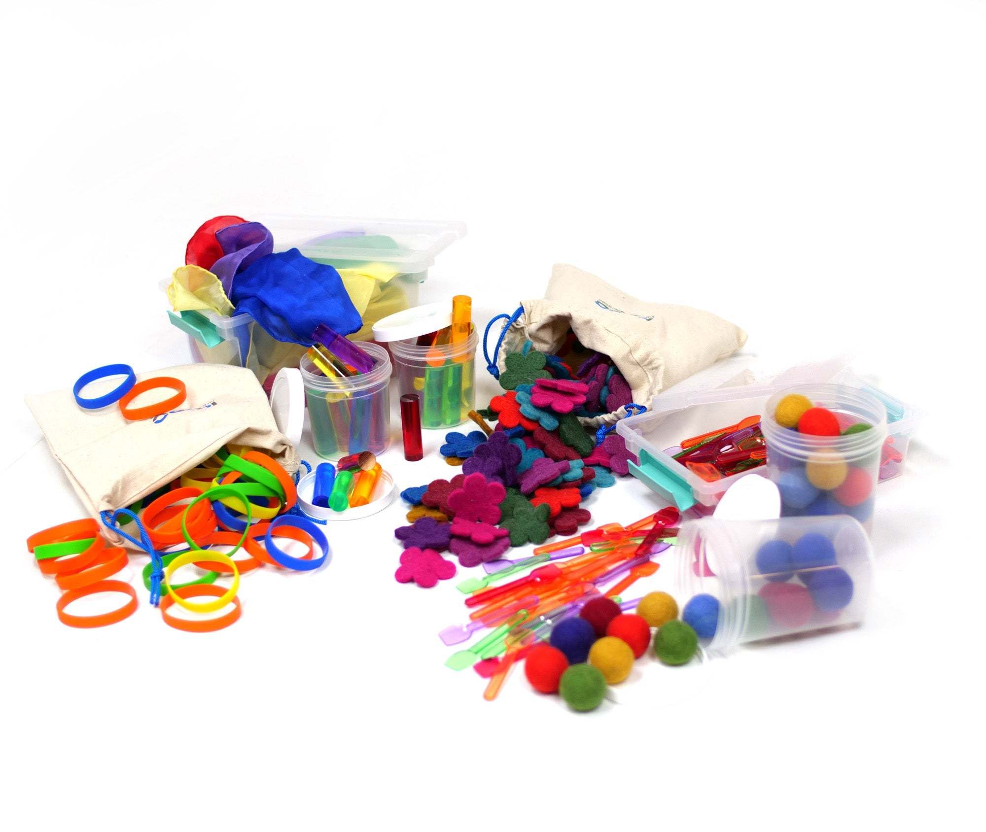Colorful Loose Parts Color Mix with over 290 pieces including smooth pegs, soft silks, and felted wool for creative play