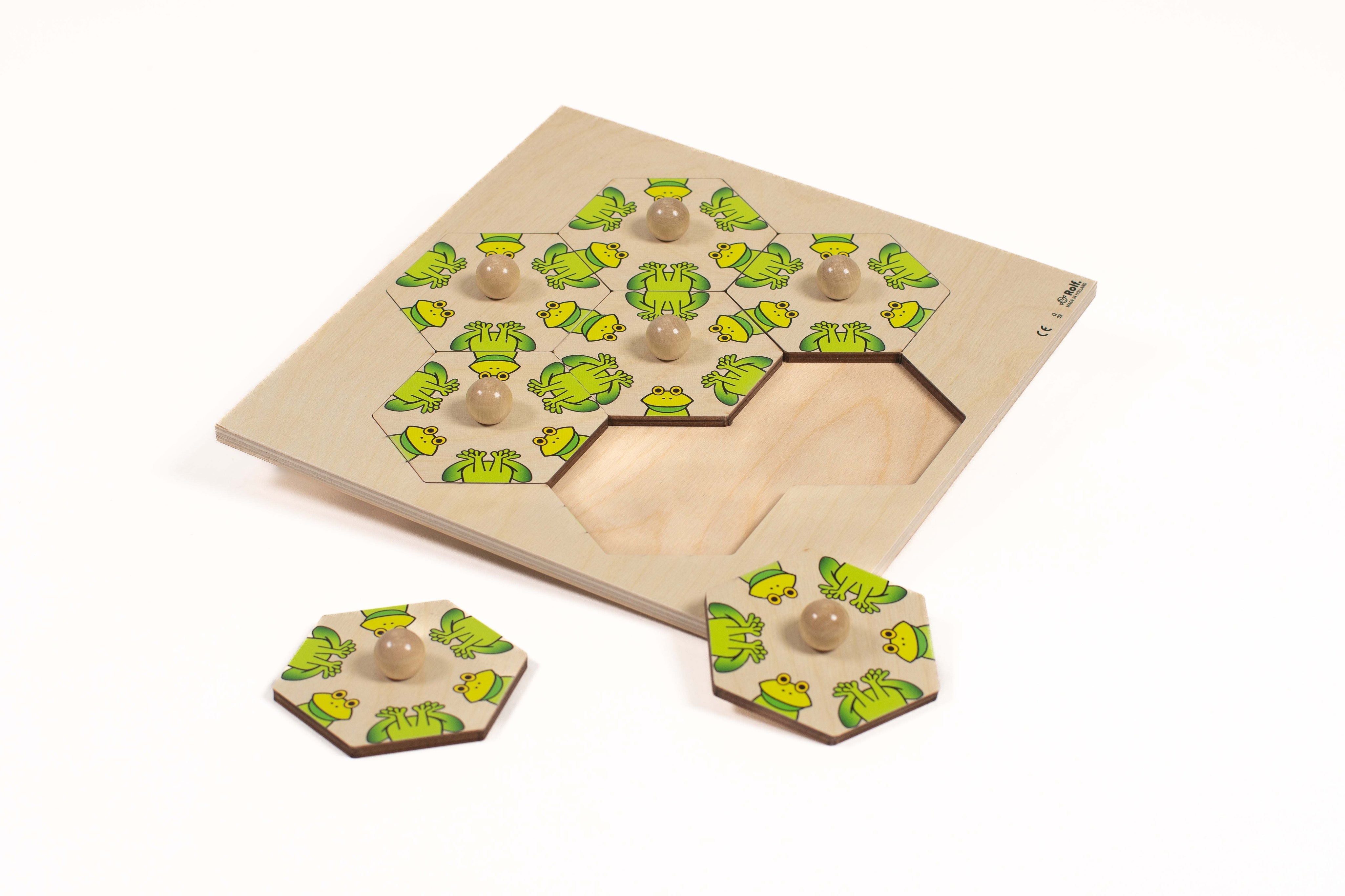 Colours Knob Puzzle wooden brain teaser with colorful shapes and friendly frogs for early cognitive development