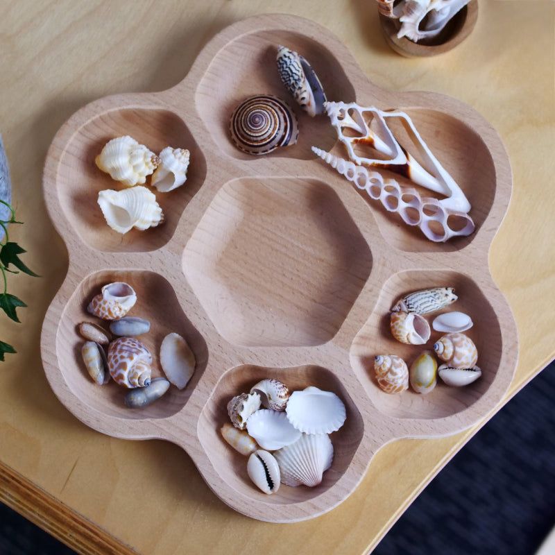 Natural Flower Tray wooden sorting tray with six petals and central section for collecting and counting activities
