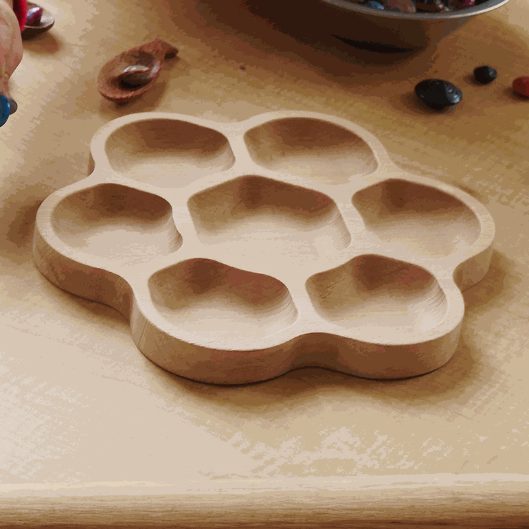 Natural Flower Tray wooden sorting tray with six petals and central area made from sustainable beech wood for organizing small items