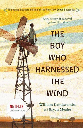 Book cover of 'The Boy Who Harnessed the Wind' with a windmill illustration.