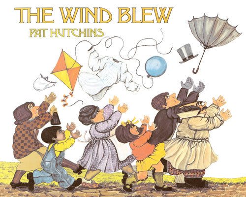 Illustrated book cover of 'The Wind Blew' by Pat Hutchins with children playing outdoors.