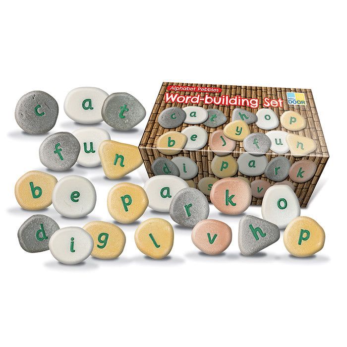 Tactile stone and resin alphabet pebbles with engraved, hand-painted lowercase letters in a variety of natural colors.