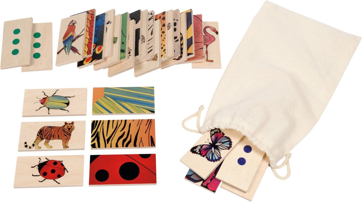 Wooden animal matching tiles with colorful skin patterns and self-correcting dot backs, including a fabric storage bag.