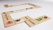 Wooden domino tiles with colorful animal illustrations and names arranged in a winding path on a white background.