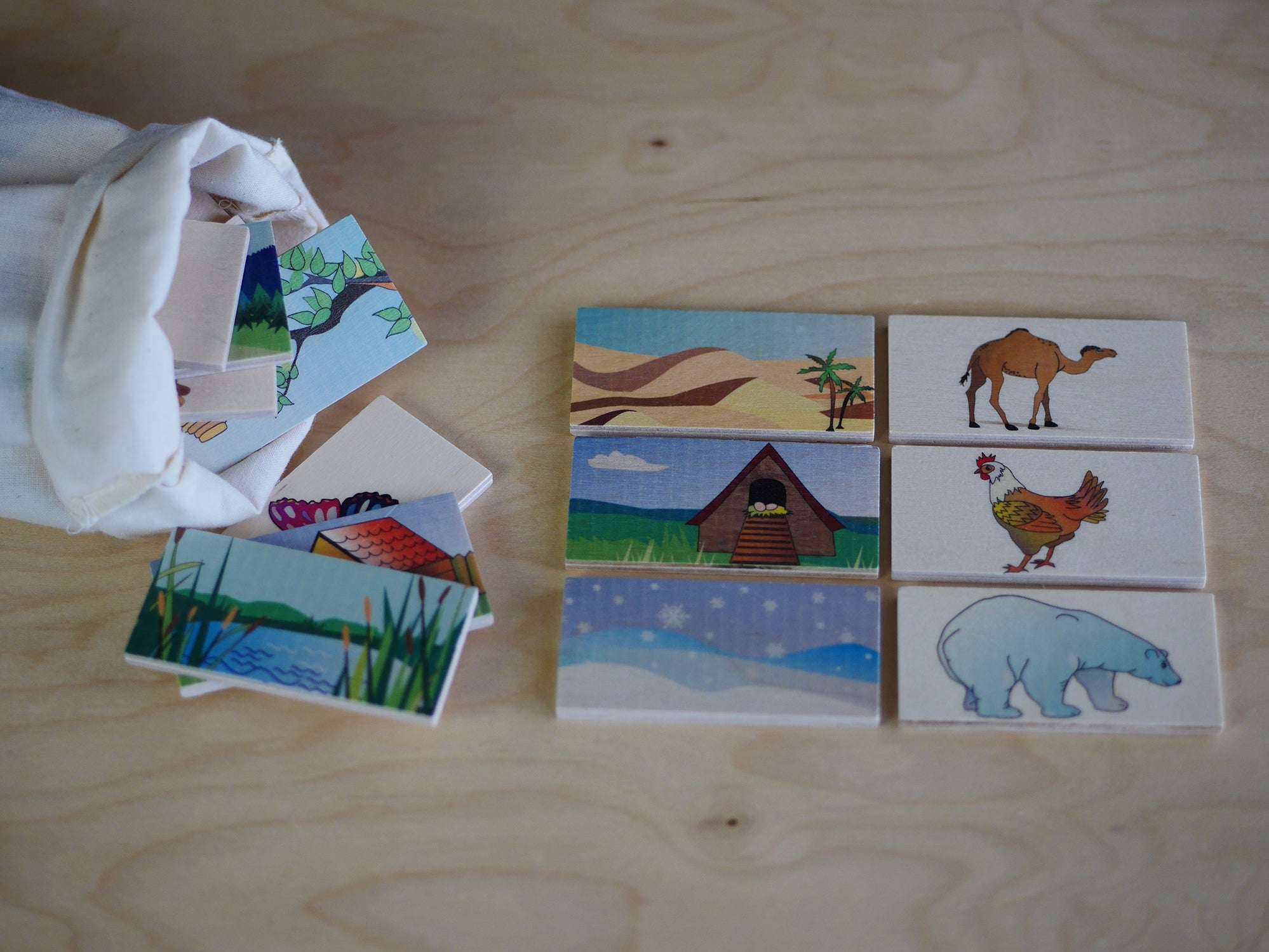Wooden animal habitat matching tiles with illustrated pairs and a storage bag on a light wood surface.