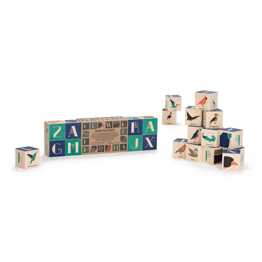 Uncle Goose wooden bird blocks featuring colorful Art Nouveau letters, bird illustrations, and debossed details on a white background.