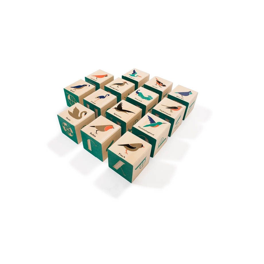 Uncle Goose wooden bird blocks featuring colorful bird illustrations and Art Nouveau letters on a white background.