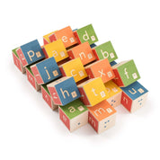 Set of 28 colorful wooden blocks featuring embossed letters and Braille characters in a natural wood finish.