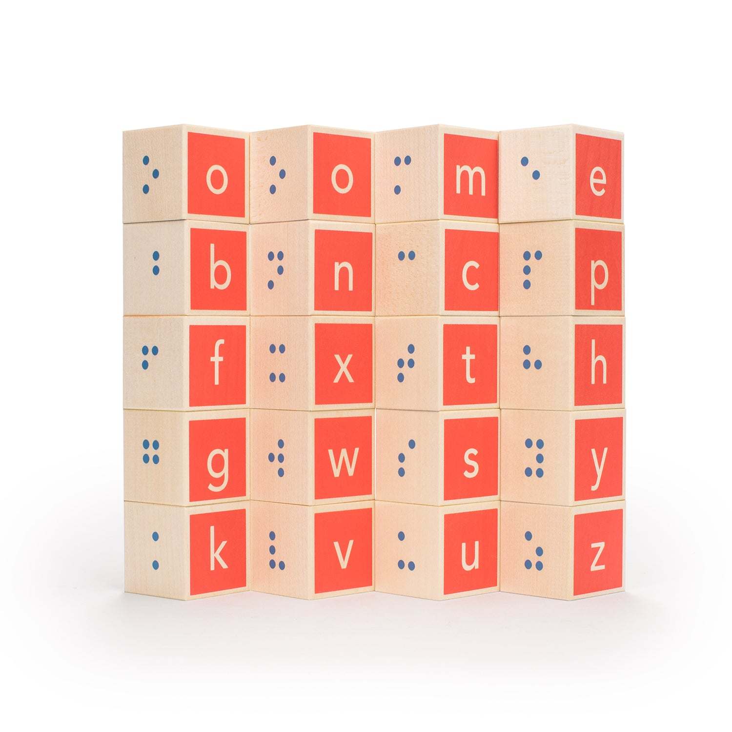 Set of 28 wooden blocks featuring embossed Braille, red panels, and clean, modern letters on a white background.
