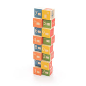 Stack of 16 colorful wooden math blocks featuring embossed numbers, math symbols, and Braille lettering.