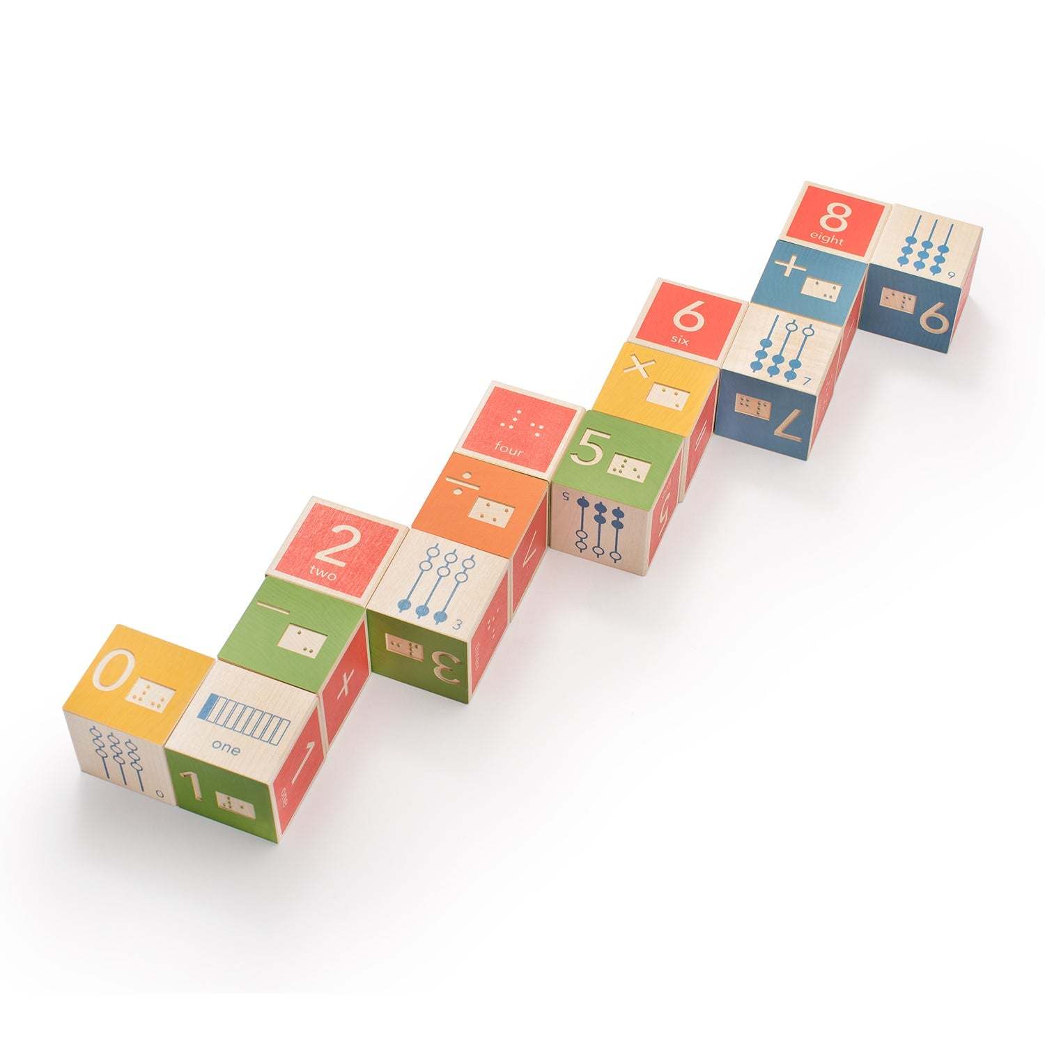 Sixteen colorful wooden math blocks featuring embossed numbers, symbols, and Braille cells arranged in a zigzag line.