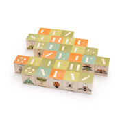 Set of 28 wooden alphabet blocks featuring colorful insect illustrations, letters, and patterns on natural basswood.