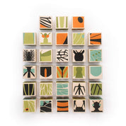 Set of 28 wooden basswood alphabet blocks featuring colorful insect illustrations, patterns, and letters on a white background.
