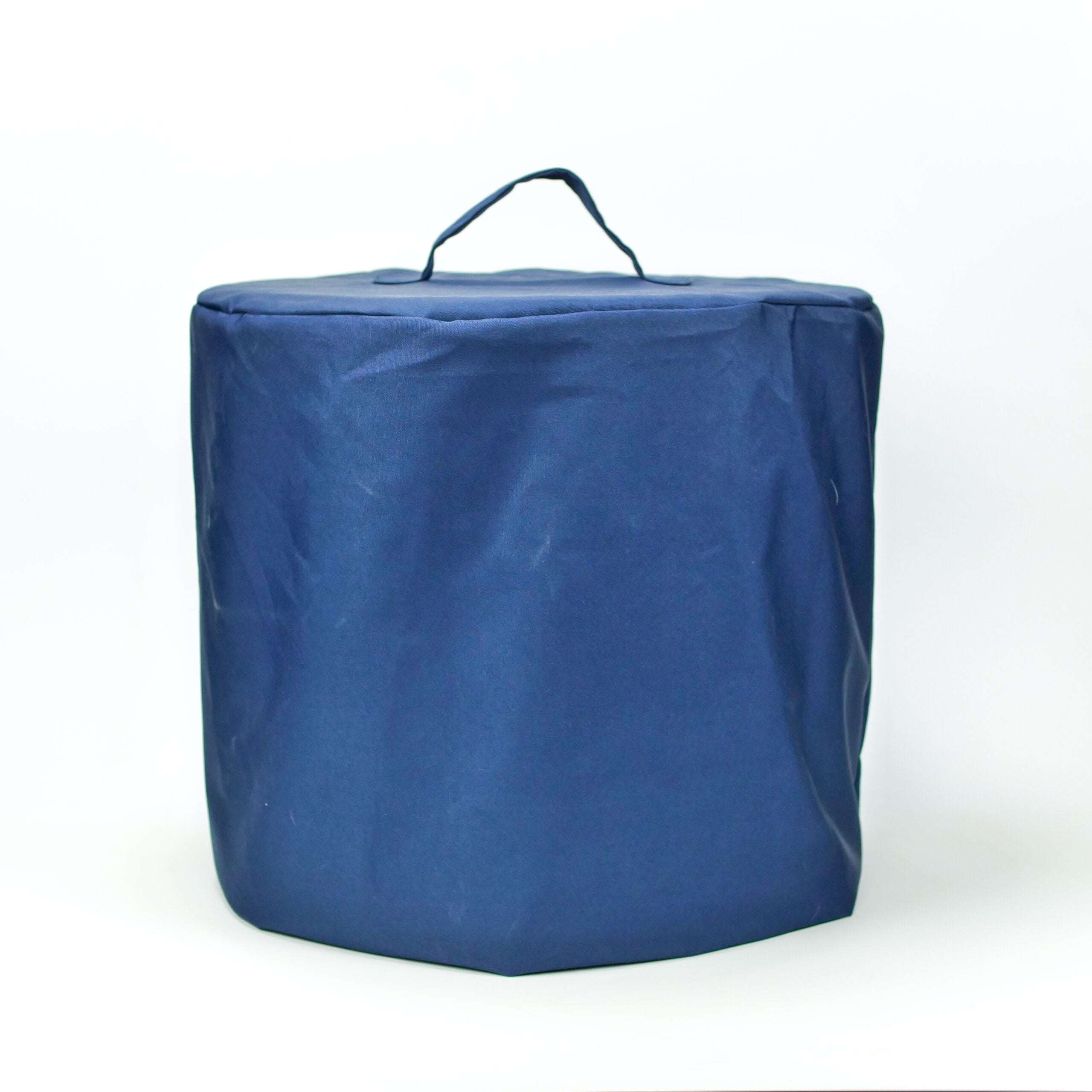 Blue nylon cylindrical cover for a chalk spinner, featuring a top handle for easy removal against a white background.