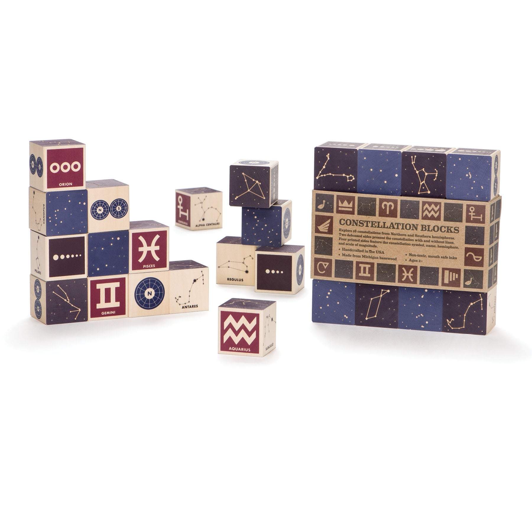 Uncle Goose wooden constellation blocks featuring navy, red, and natural wood sides with debossed and printed star charts.