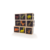Stack of wooden Uncle Goose dinosaur blocks with colorful illustrations of various prehistoric reptiles on black faces.