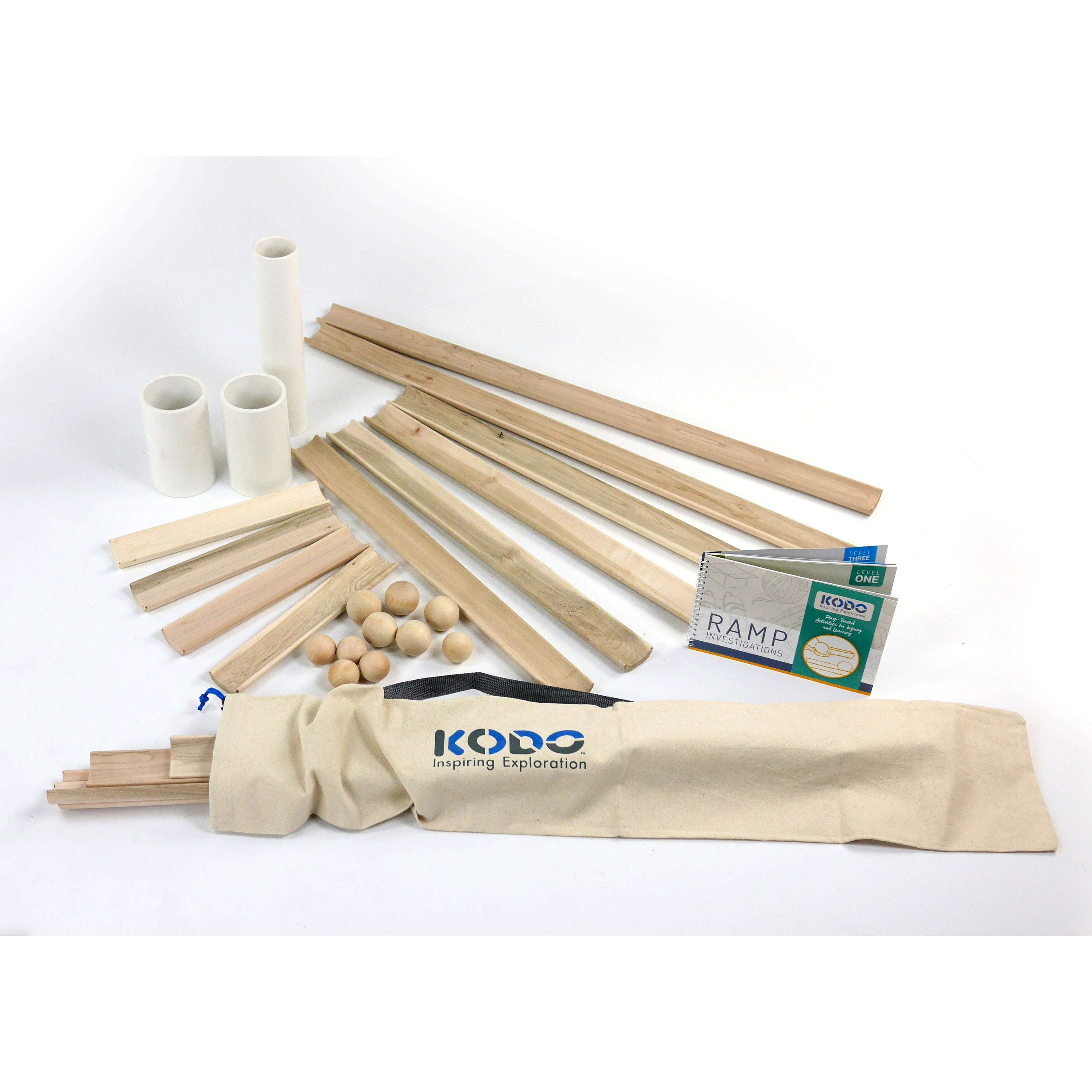 Wooden ramp set with white tubes, ten wooden balls, an investigation book, and a Kodo canvas storage tote.