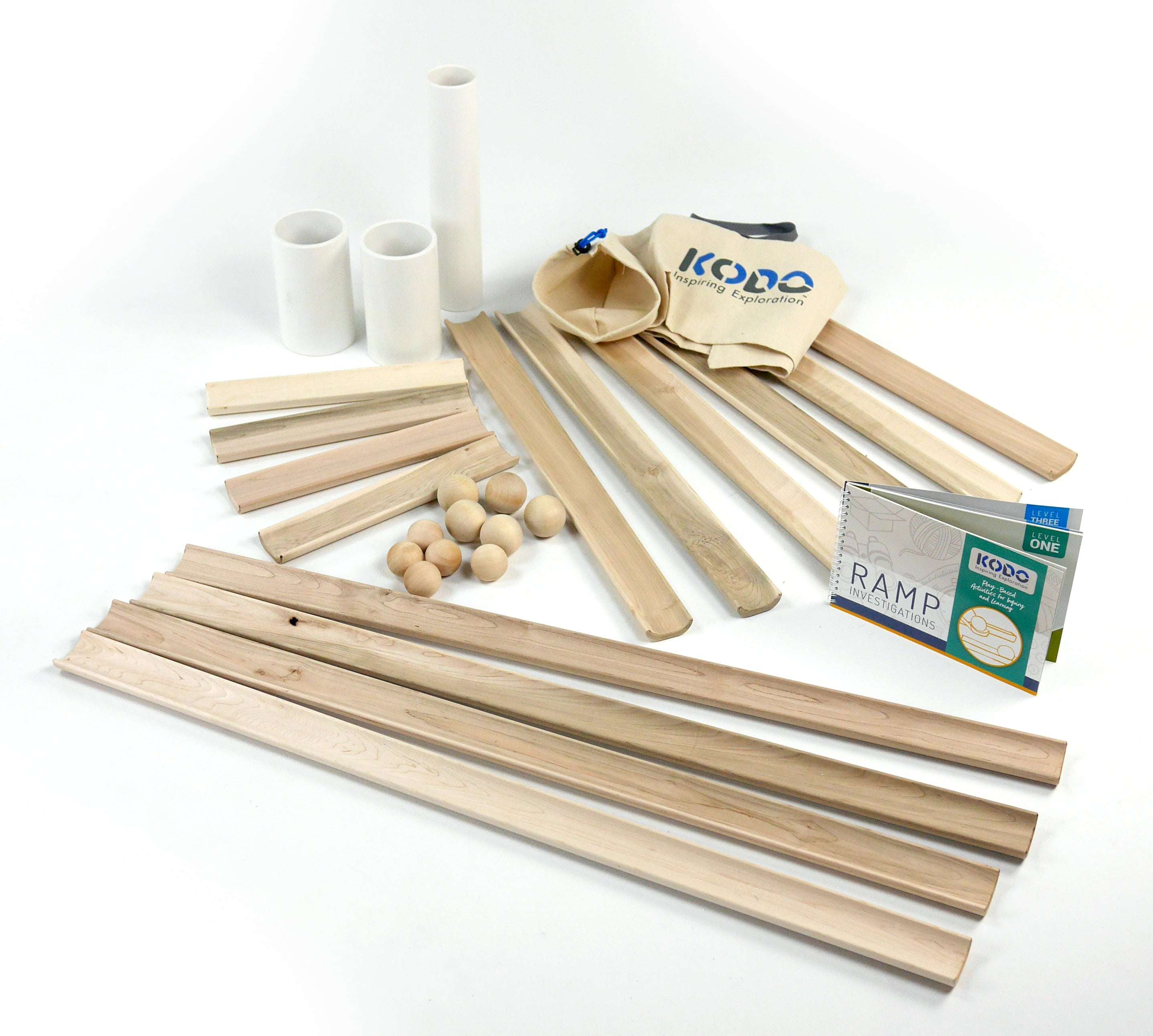 Wooden ramp set with balls, white tubes, canvas storage bag, and an educational investigation book.