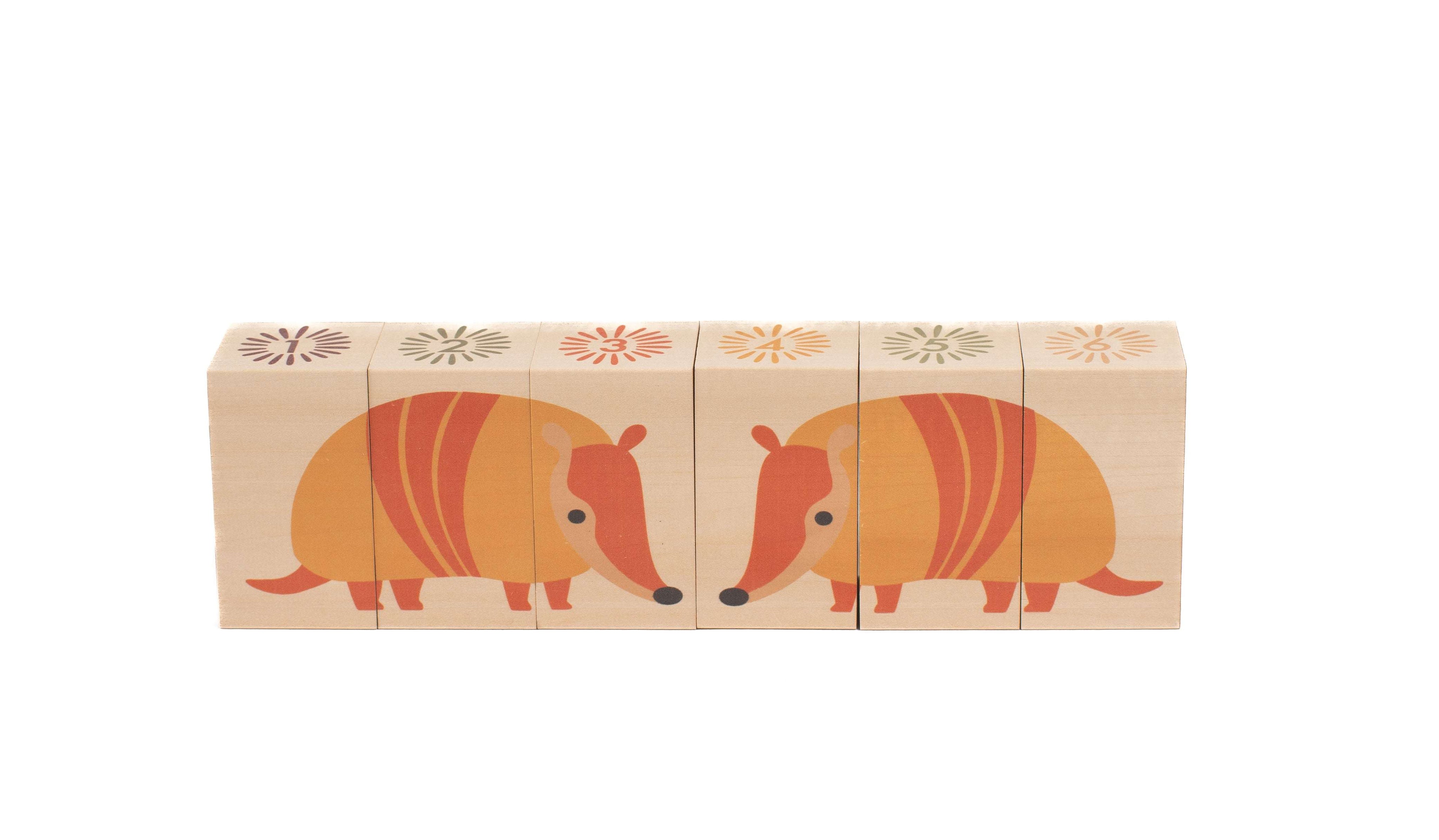 Six wooden basswood blocks featuring armadillo illustrations and numbered suns, arranged in a row.