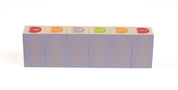 Six wooden garden-themed blocks with colorful insect icons, numbered rulers, and measurement markings for educational play.