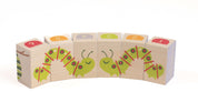 Six wooden blocks featuring a green caterpillar, colorful numbered flowers, and a side ruler for garden learning activities.