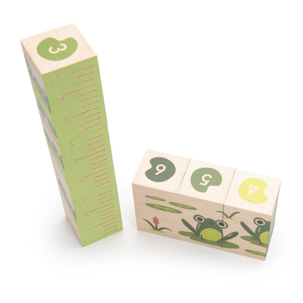Six sustainable basswood blocks featuring swamp illustrations, numbered lily pads, and a ruler design on a white background.