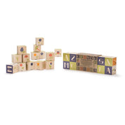 Uncle Goose wooden flower blocks featuring Art Nouveau letters, floral illustrations, and debossed designs in a stackable set.