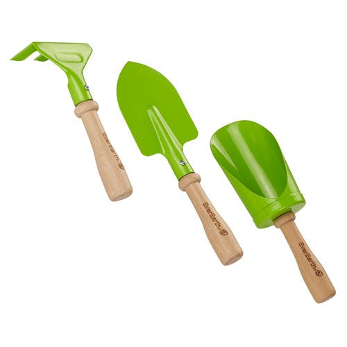 Set of three child-sized garden tools with bright green metal heads and smooth wooden handles.