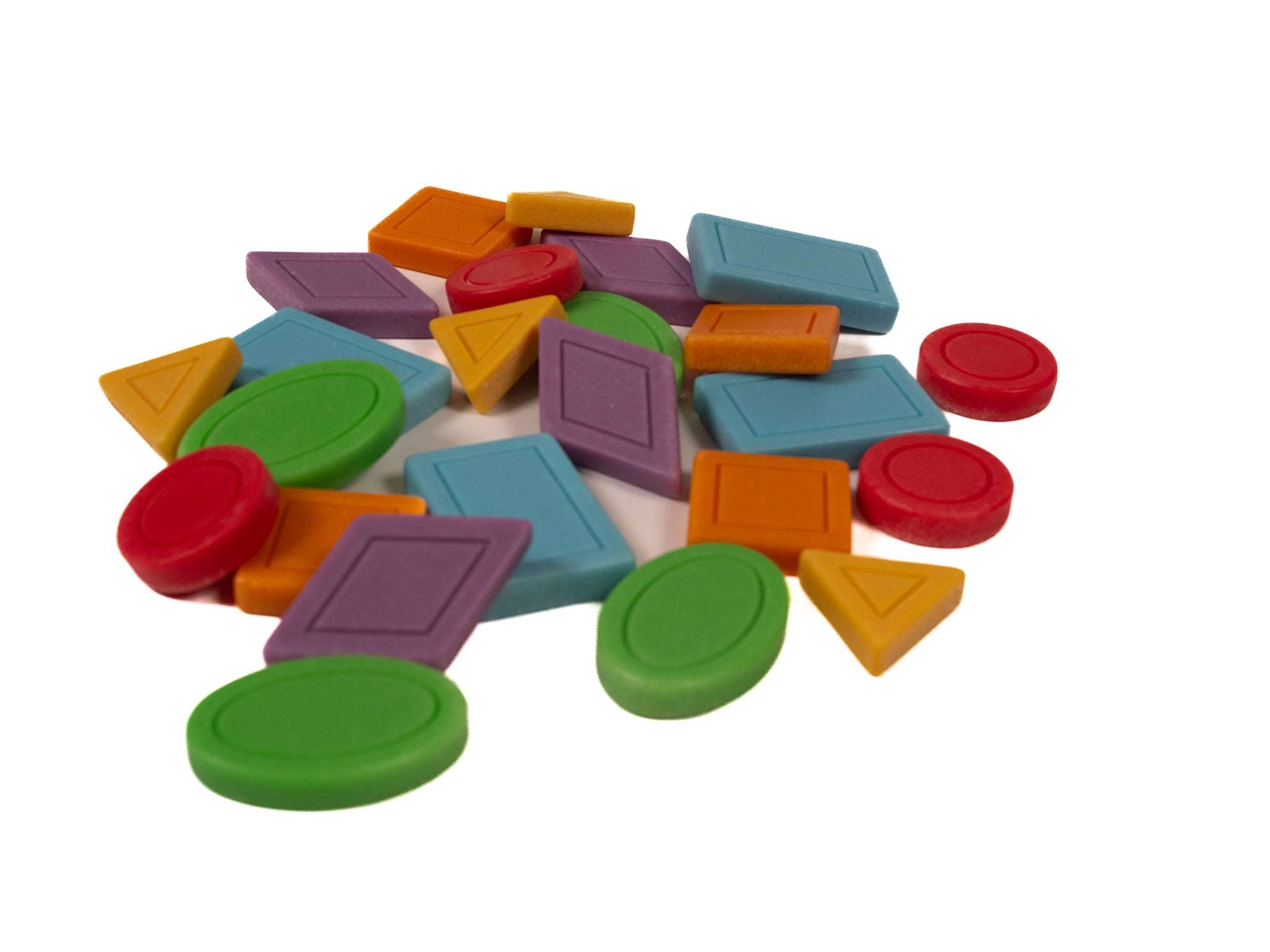 Set of 24 vibrant geometric patterning stones for math, sensory play, and fine motor skills development