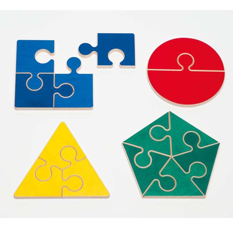 Colorful wooden geometric puzzles in blue, red, yellow, and green shapes on a white background.