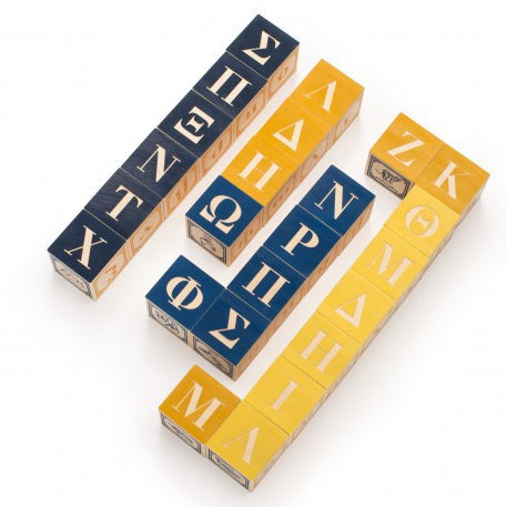 Greek ABC Blocks set by Uncle Goose featuring Greek letters, numbers, and animals on wooden blocks
