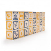 Greek ABC Blocks set by Uncle Goose featuring Greek letters, numbers, and animals on wooden blocks