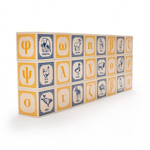 Greek ABC Blocks set by Uncle Goose featuring Greek letters, numbers, and animals on wooden blocks