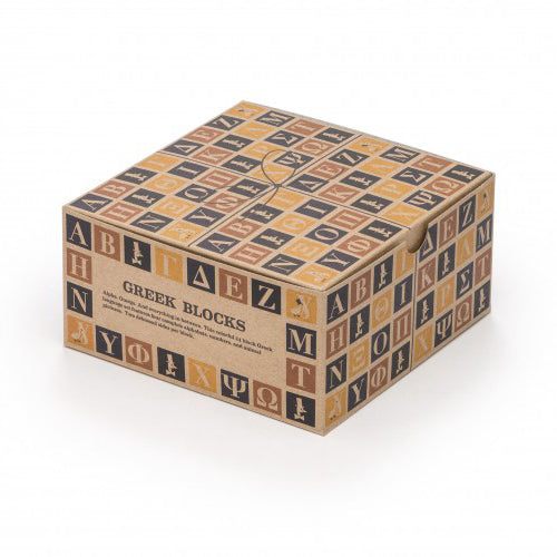 Greek ABC Blocks by Uncle Goose featuring Greek letters, numbers, and animals on wooden blocks