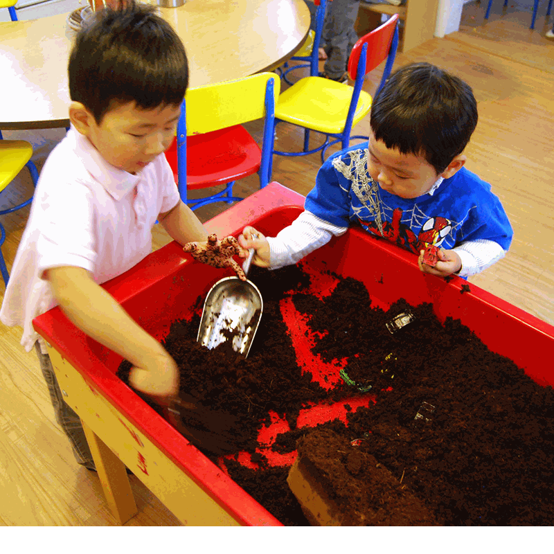 Two children playing with fibrous, dark brown Kodo Coconut soil in a bright red sensory table bin.