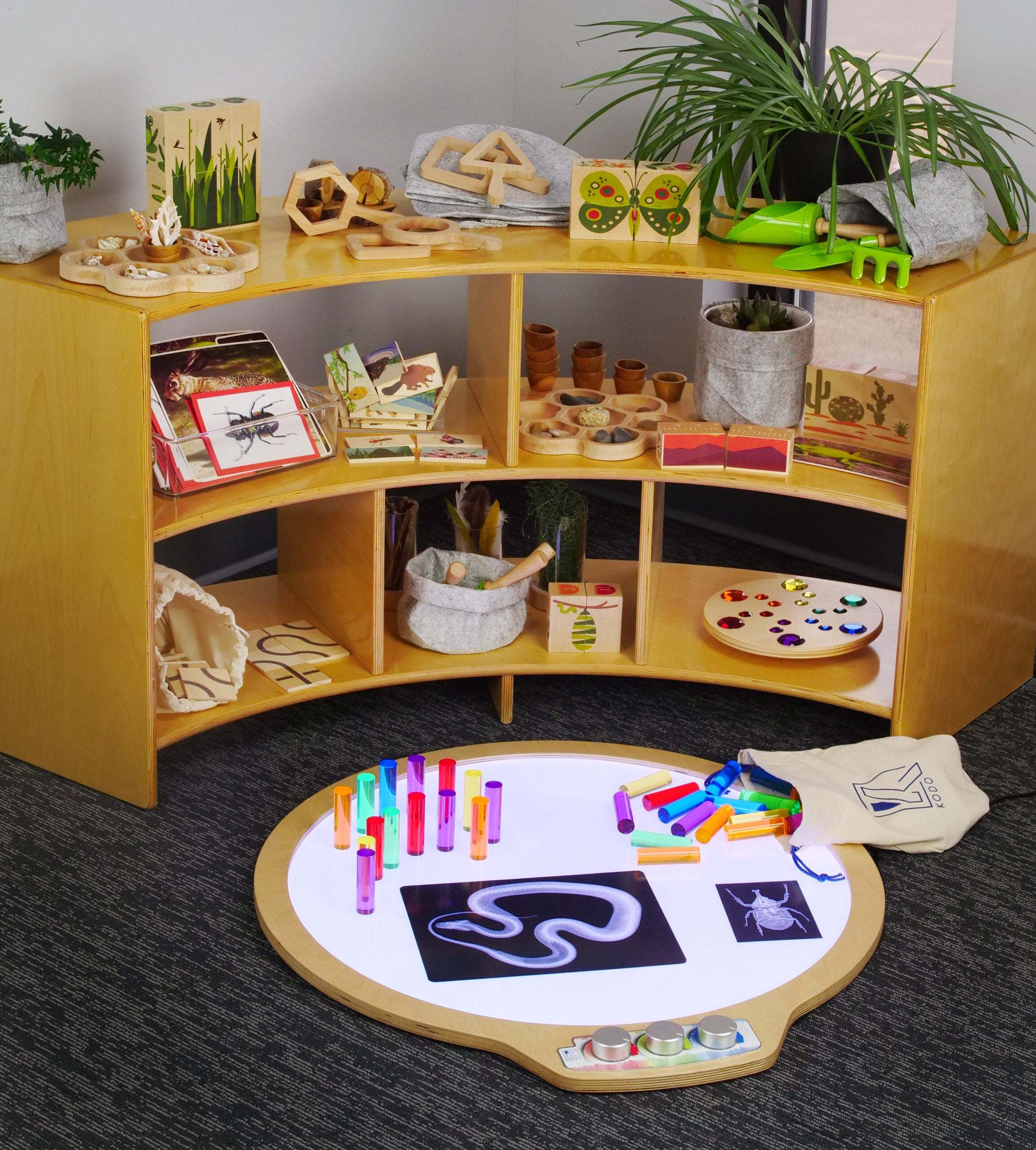 Curved wooden shelving unit filled with nature-inspired learning tools and a circular color-changing light table with manipulatives.
