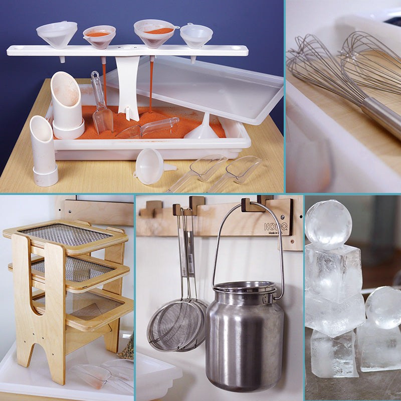 Kodo sand and water play set featuring white plastic funnels, wooden tiered sifters, metal whisks, and stainless steel containers.