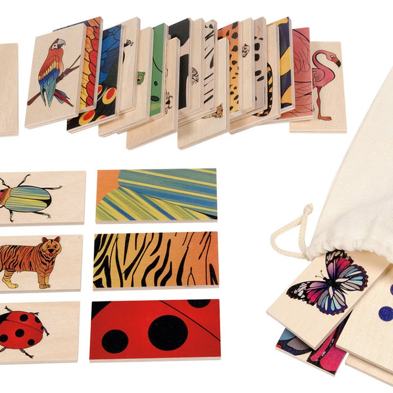 Wooden tiles featuring colorful animal illustrations and patterns, stored in a natural canvas drawstring bag.