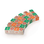 Wooden educational blocks featuring Korean Hangul characters, numbers, and traditional floral patterns in green and orange.