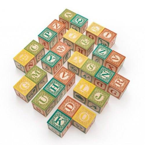 Set of vintage-style wooden alphabet blocks with colorful embossed letters and decorative patterns on a white background.