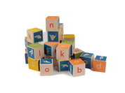 Stack of colorful wooden alphabet blocks featuring letters and American Sign Language hand signs on white.