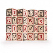 Set of wooden alphabet blocks featuring vintage-style red letters and black animal illustrations on a light wood finish.