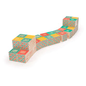 Colorful wooden blocks with Chinese characters, geometric patterns, and animal illustrations arranged in a curved line.