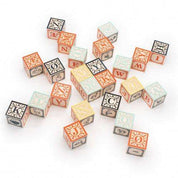 Set of vintage-style wooden alphabet blocks in orange, yellow, and blue with decorative letters and animal illustrations.