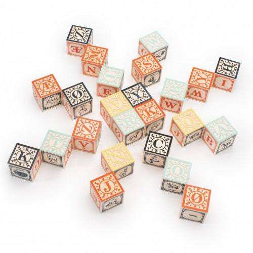 Set of vintage-style wooden alphabet blocks in orange, yellow, and blue with decorative letters and animal illustrations.
