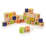 Set of colorful wooden alphabet blocks featuring letters, numbers, and decorative floral patterns.