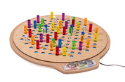 Circular birch wood pegboard with colorful translucent acrylic pegs and light control knobs on a white background.